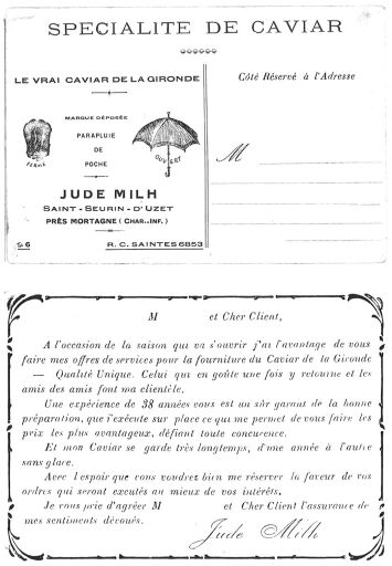 Publicité pour le caviar produit par Jude Milh à Saint-Seurin-d'Uzet vers 1930.