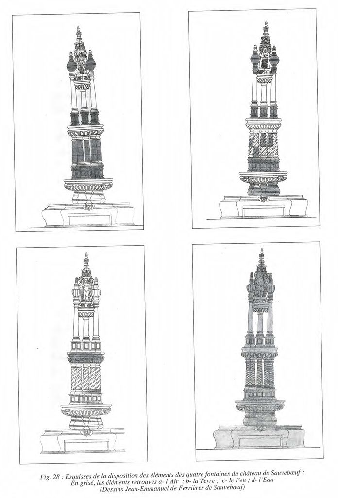 Esquisses de restitution des quatre fontaines hypothétiques du château par J.E. de Ferrières de Sauveboeuf (2012).