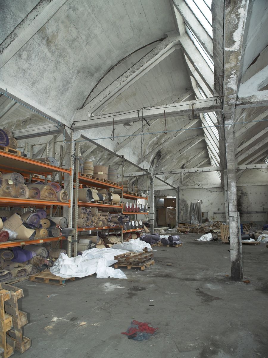Vue générale des ateliers sous sheds à profil courbe, avec leur charpente en béton armé.
