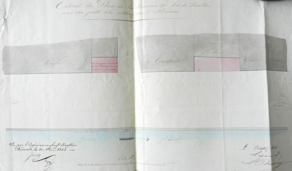 Extrait du plan de la traverse du port de Pauillac pour être joint à la pétition du sieur Rivière. Papier, encre, lavis, par l'Ingénieur ordinaire, A. Deschamps, 8 octobre 1838.