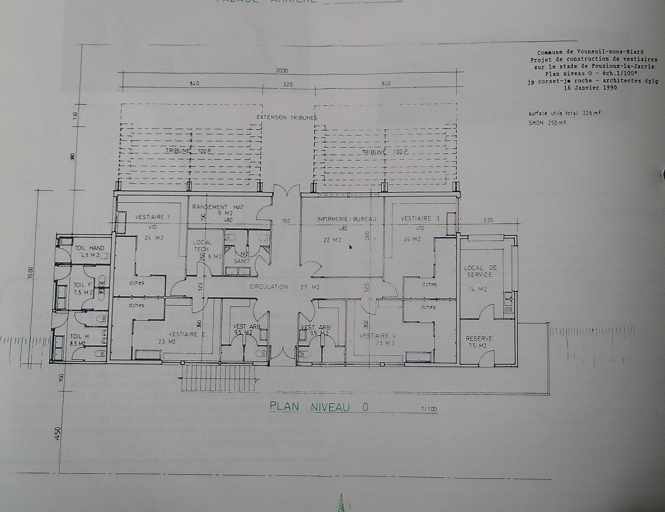Projet de construction de vestiaires : plan niveau 0, janvier 1990.