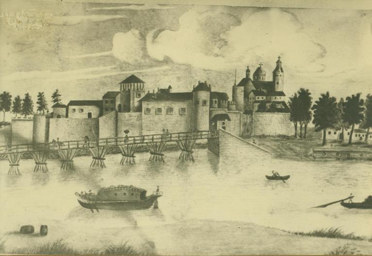 Dessin représentant le château et le pont en bois. Original disparu, photo du musée de Borda.