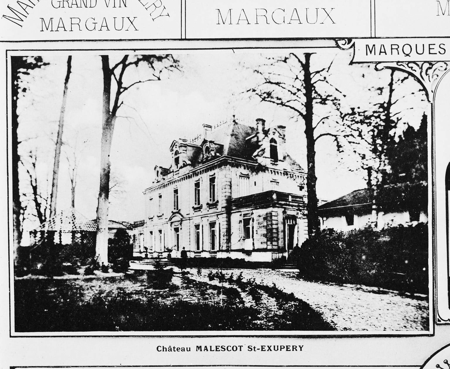 Planche avec photographies du château Malescot-Saint-Exupéry, Lacolonie, du clos Grand Meyre : détail de l'élévation antérieure du château Malescot.