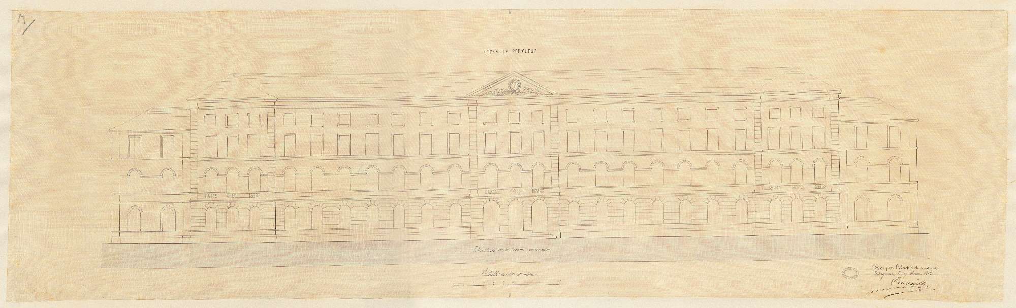 Lycée impérial. Elévation de la façade principale. 0.01 pm. Signé de l'architecte Elie Poncet Cruvelier, 17 mars 1862. (AN)