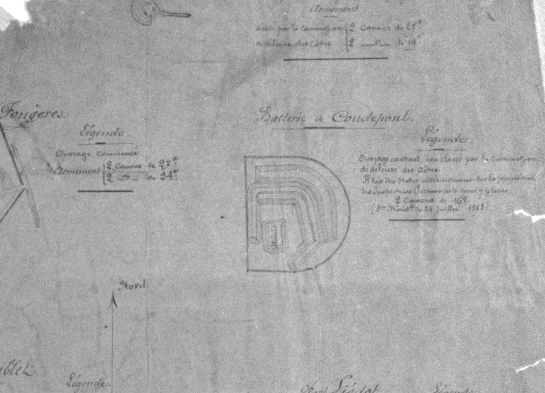 Détail de plans d'ouvrages à réorganiser dans l'ïle d'Aix et l'île d'Oléron : la batterie de Coudepont et son réduit, après 1873.