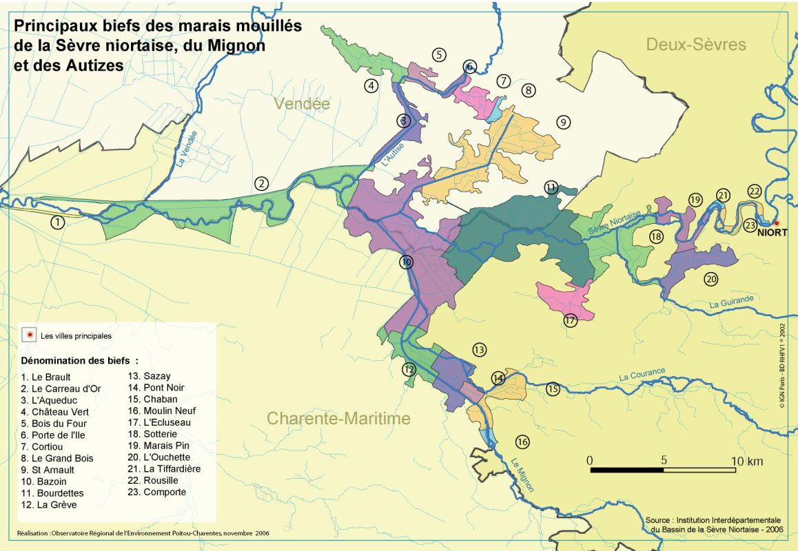 Carte des principaux biefs des marais mouillés de la Sèvre Niortaise, du Mignon et des Autizes (source : IIBSN).