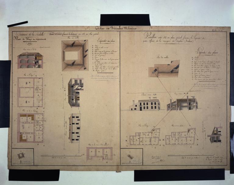 Plans, élévations et coupes de la Manutention et du pavillon servant de logement à quatre officiers.