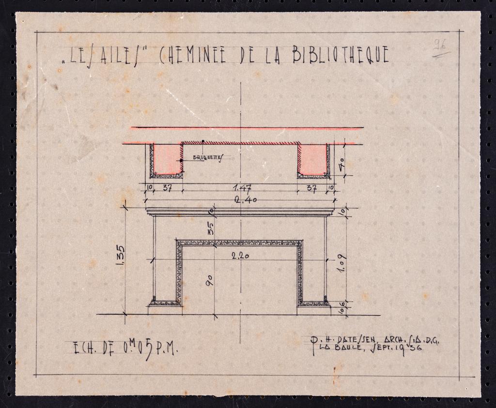 Bibliothèque, rez-de-chaussée, plan et élévation de la cheminée, P. H. Datessen, La Baule, septembre 1936.