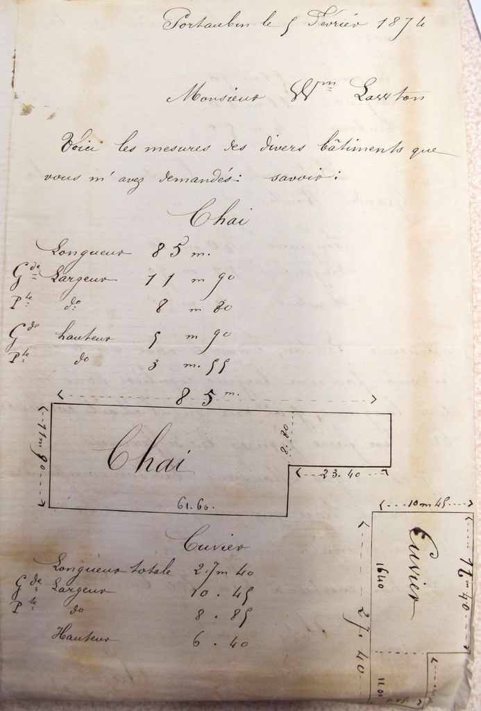 Courrier adressé à W. Lawton, donnant les dimensions des bâtiments de Port-Aubin, 5 février 1874 (page 1).