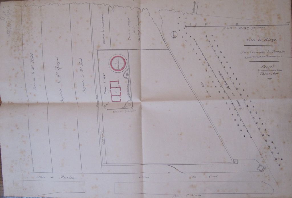 Projet de construction d'une usine à gaz aux abords du port. Plan d'ensemble du terrain appartenant à la commune. Dessin, s.n., s.d. [4e quart 19e siècle].