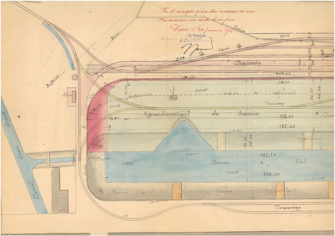 Projet de réaménagement du port en 1908 : le bassin et les voies ferroviaires.