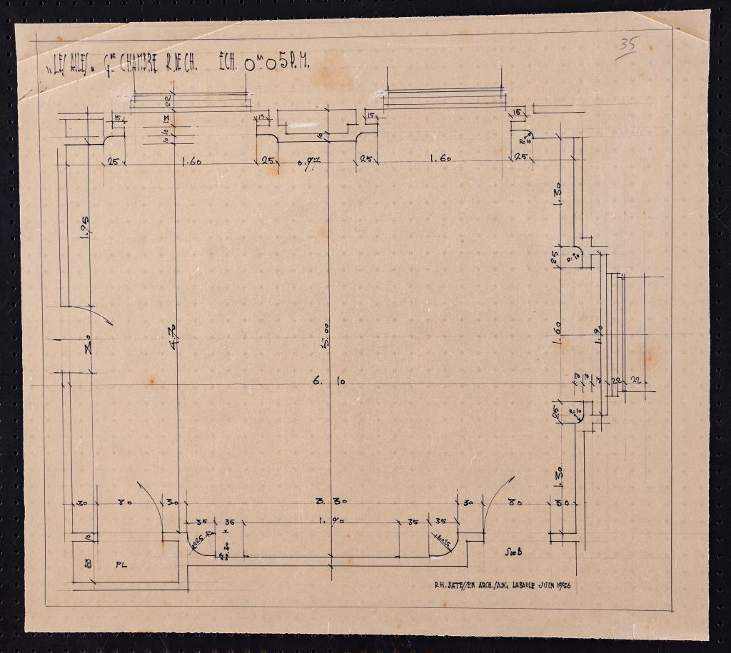 Plan de la grande chambre de l'appartement du rez-de-chaussée, P. H. Datessen, La Baule, juin 1936.