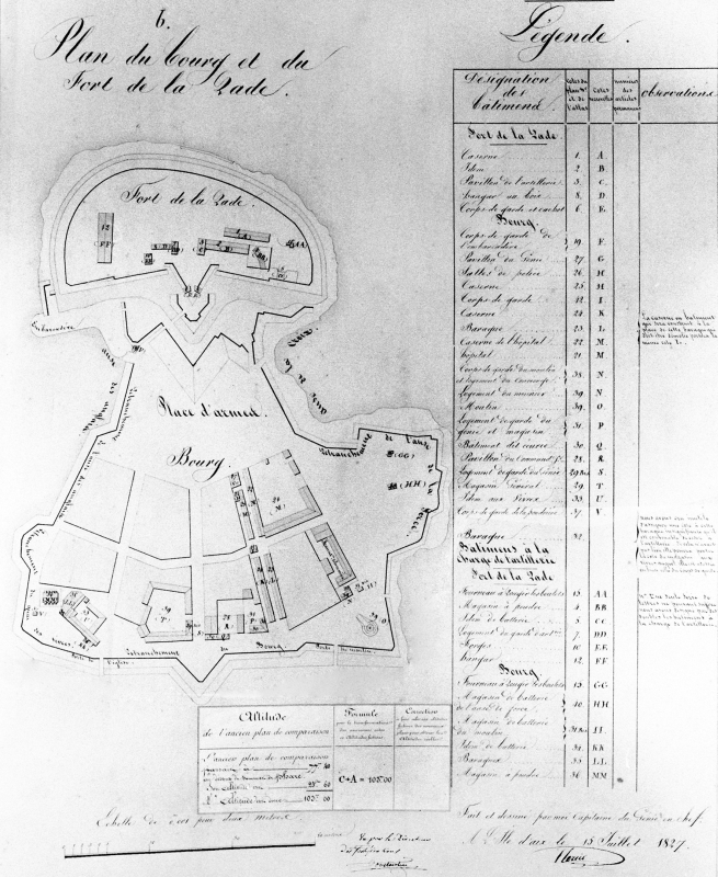 Plan du fort de la Rade et du bourg en 1827. 