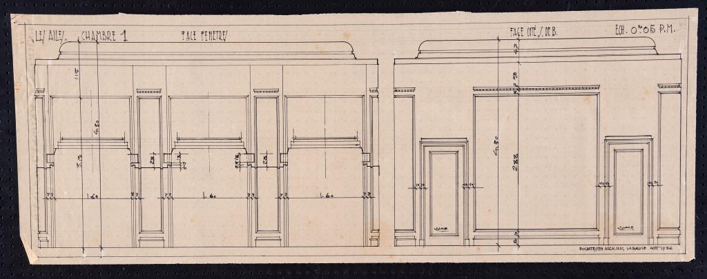 Chambre 1 au premier étage, élévations des faces du côté des fenêtres et de la salle de bain, P. H. Datessen, La Baule, août 1936.