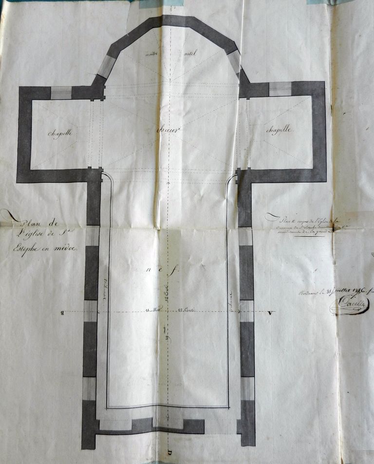 Plan de l'église ; coupes avec charpente existante, par Corcelle, Dessin à l'encre, 31 juillet 1816 : détail du plan.