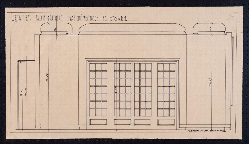 Salon-oratoire (à gauche du grand vestibule) : élévation de la face du côté du vestibule, P. H. Datessen, La Baule, août 1936.