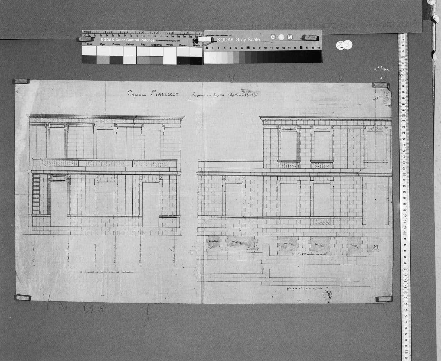 Elévation principale de la demeure, détail d'appareillage, dessin, s.d. [vers 1870].