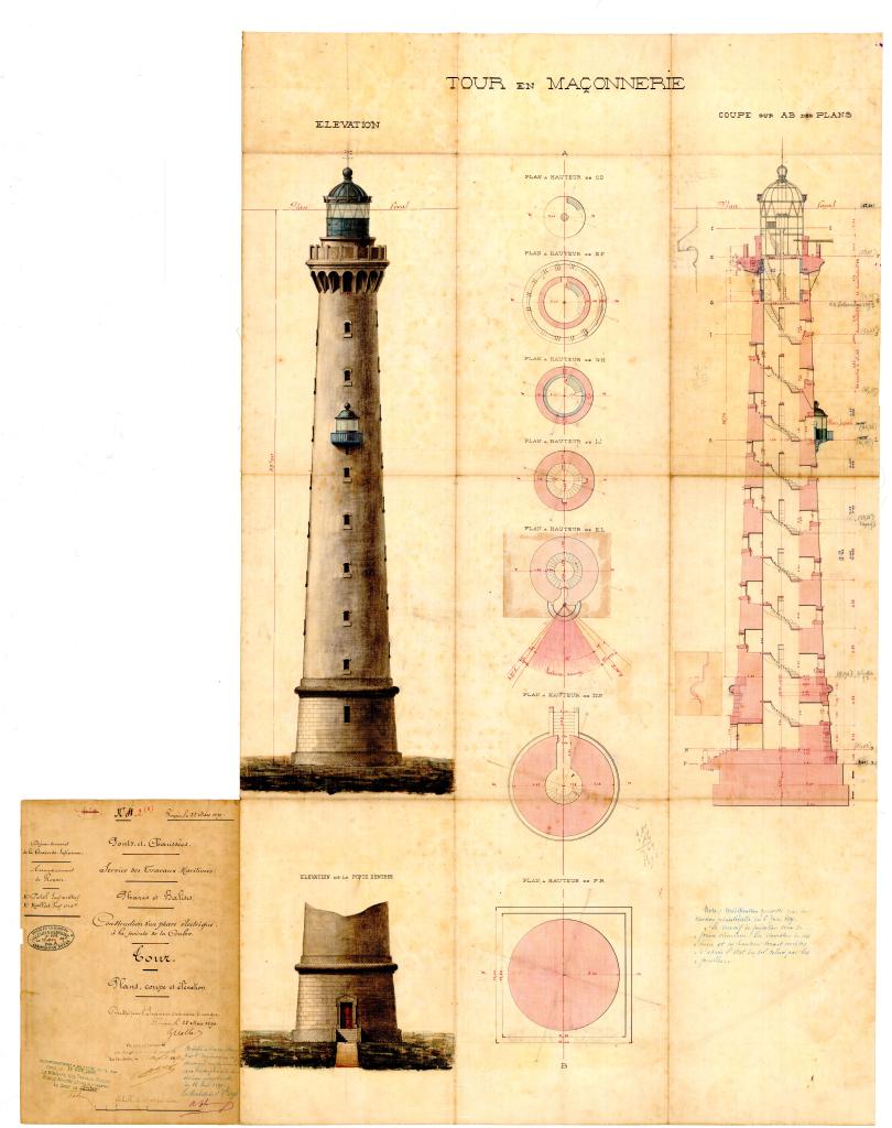 Plan du phare de 1895, projet du 25 mars 1890 : élévation, plans et coupe du phare.