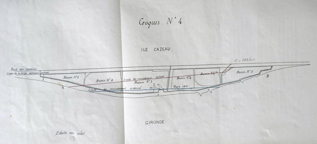 Rescindement de l'île Cazeau. Croquis n° 4 extrait du Mémoire adressé aux conseillers du conseil de Préfecture de la Gironde par Vernaudon frères et Cie, 25 mai 1896.