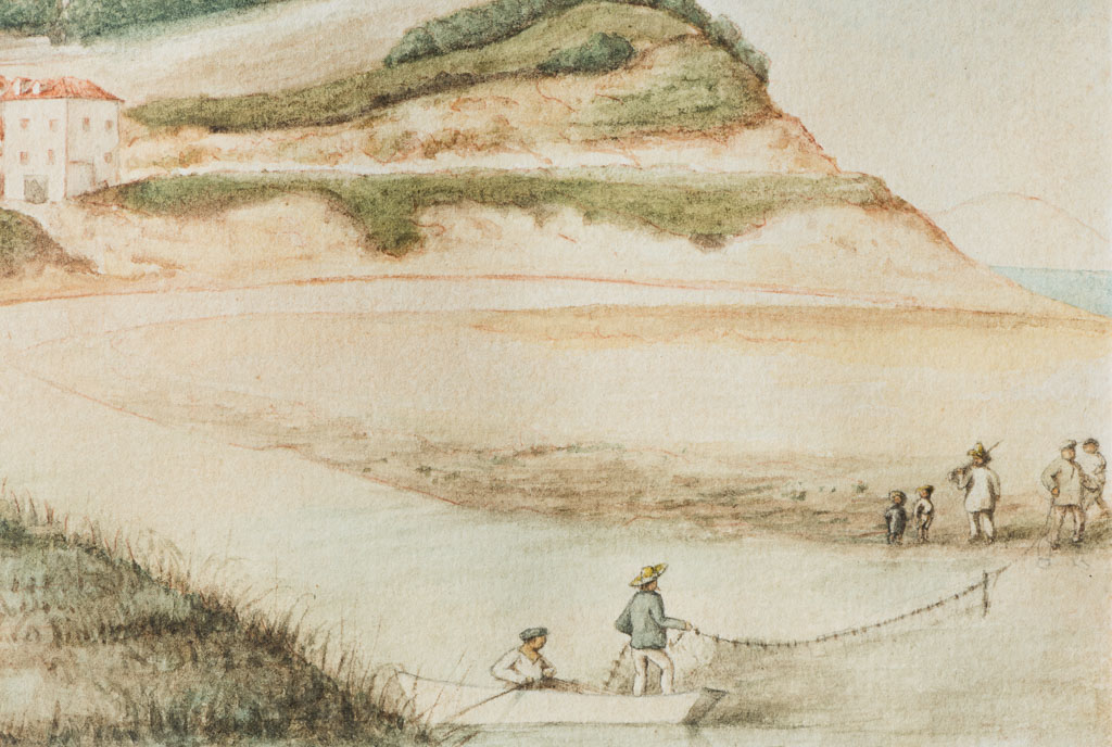 La pêche au filet à l'embouchure de l'Uhabia, détail aquarelle, fin 19e siècle, Edouard Morville.