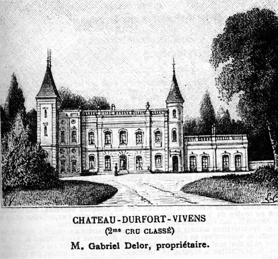 Illustration dans l'ouvrage Bordeaux et ses vins de C. Cocks, 1898 : Château Durfort-Vivens (2e cru classé) M. Gabriel Delor, propriétaire.