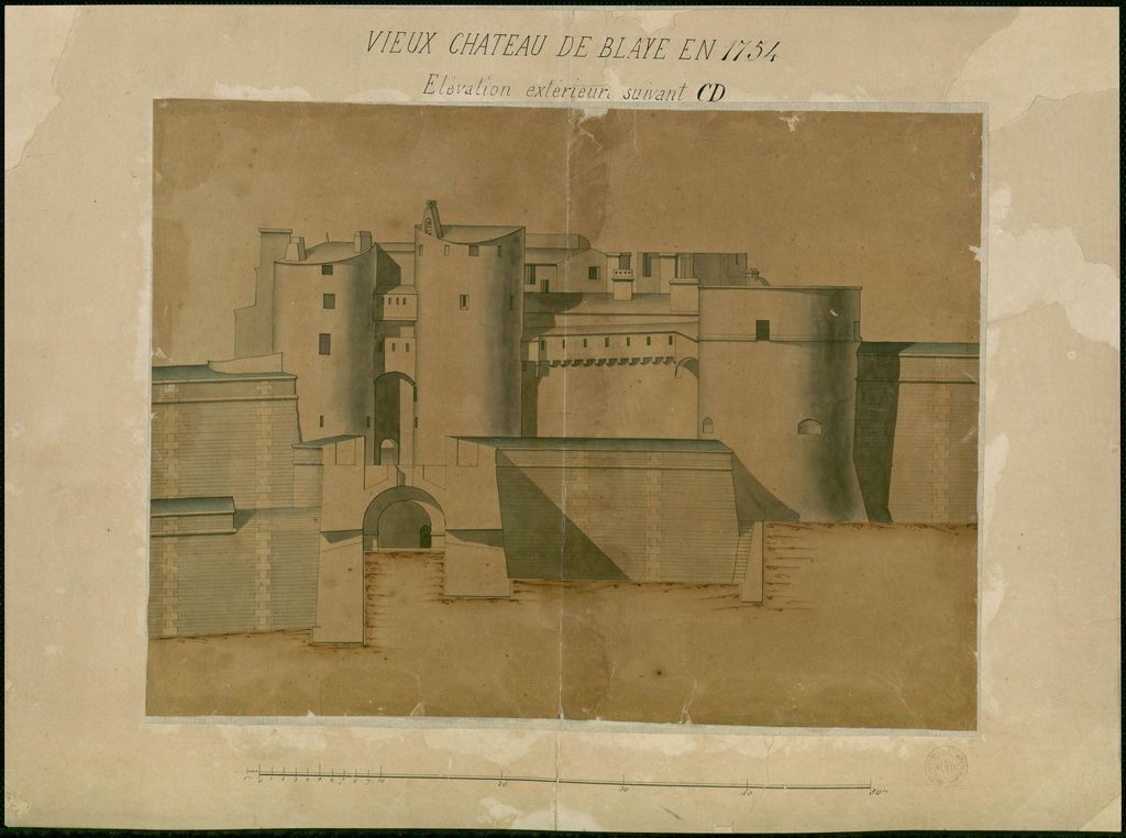 Vieux château de Blaye en 1754 : élévation extérieure suivant CD. Dessin, encre et lavis.