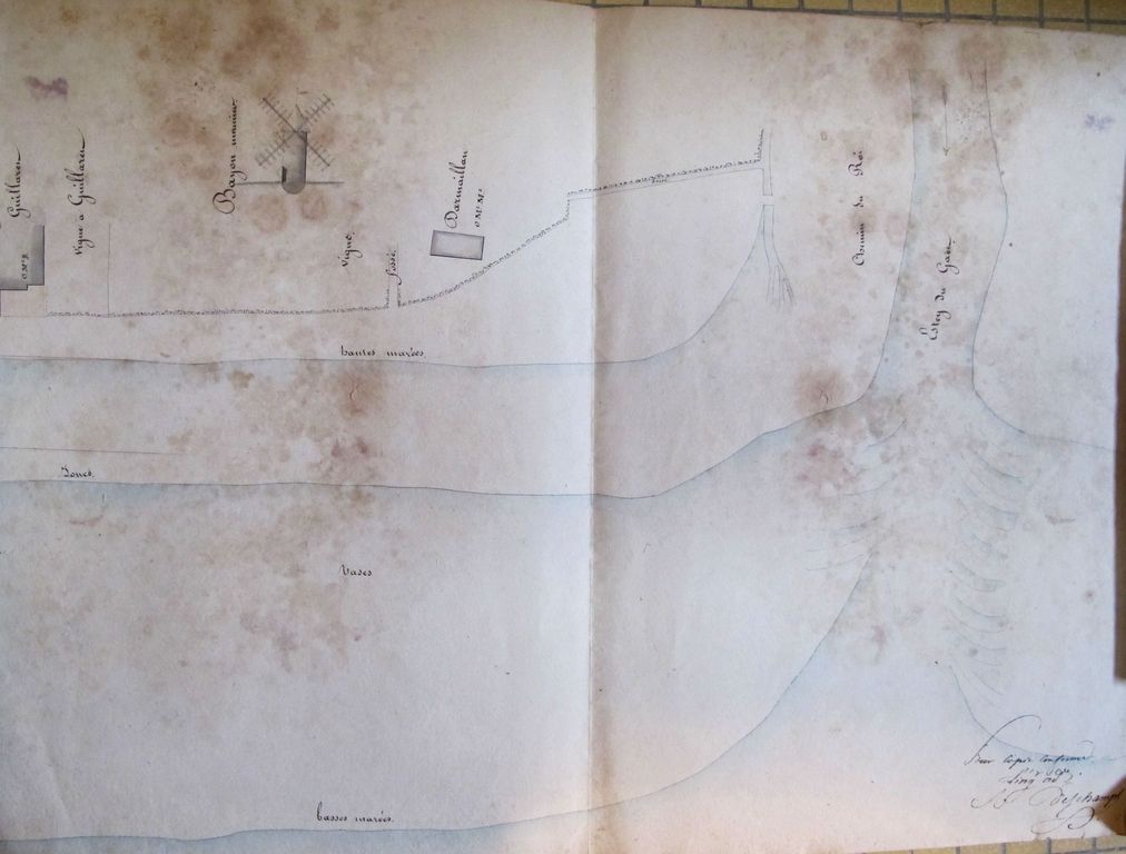 Plan de l'estey du Gahet, avec représentation du moulin de Bayou meunier. Papier, encre, lavis, par Deschamp (ingénieur ordinaire), s.d.