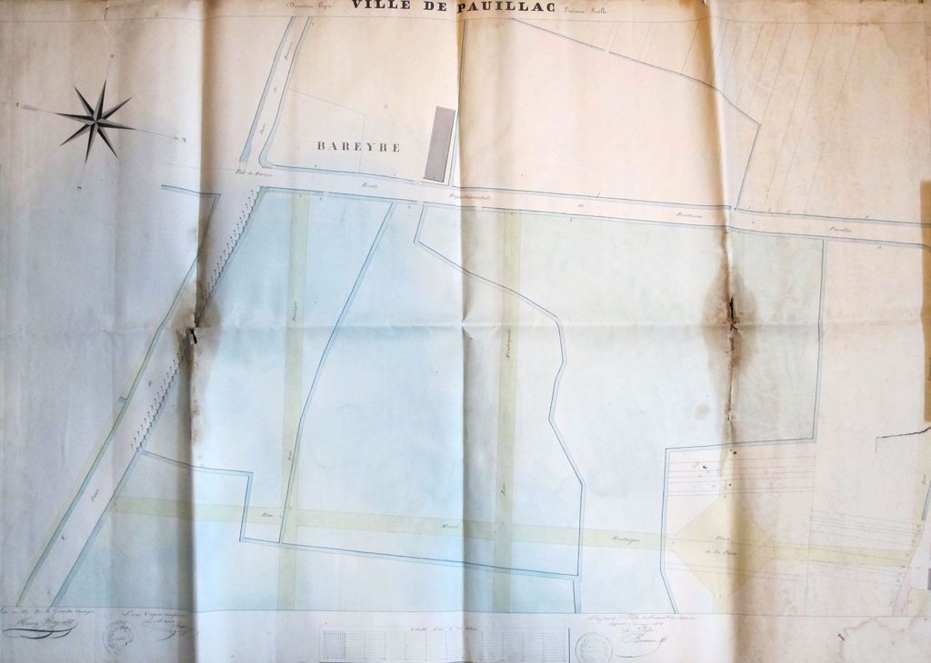 « Plan de la ville de Pauillac, deuxième copie, sixième feuille ». Papier, encre, lavis, par Henry Bagouet (géomètre), 1835 : quartier de Bareyre.