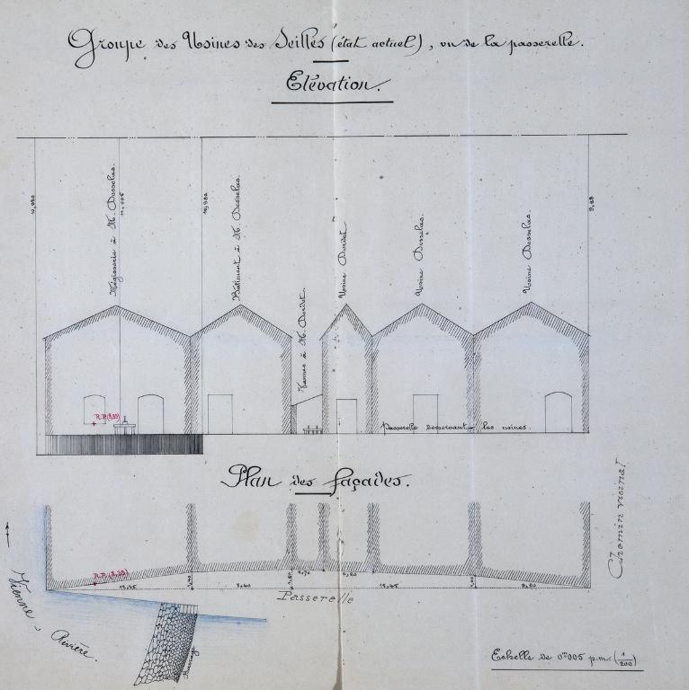 Groupe des usines des Seilles (état actuel). Elévation et plan schèmatiques des bâtiments. 31 janvier 1897.