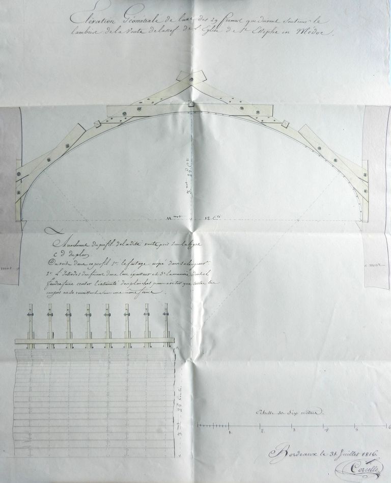 Elévation géométrale de l'une des 29 fermes qui doivent soutenir le lambris de la voûte de la nef de l'église de St Estèphe en Médoc, par Corcelle, Dessin à l'encre, 31 juillet 1816.