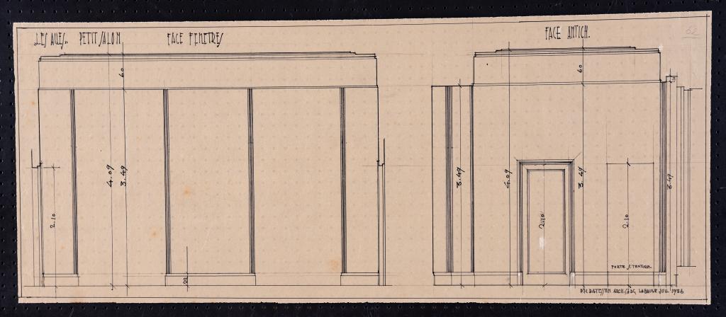 Petit salon de l'appartement du rez-de-chaussée, élévations des faces du côté des fenêtres et de l'antichambre, P. H. Datessen, La Baule, juillet 1936.