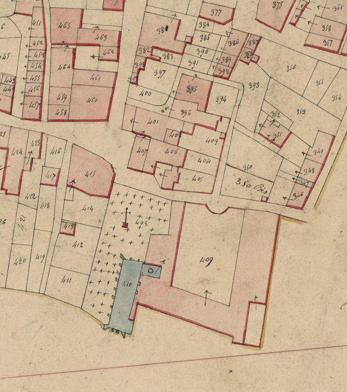 Extrait du plan cadastral de 1832 : détail sur les bâtiments constituant les dépendances actuelles.