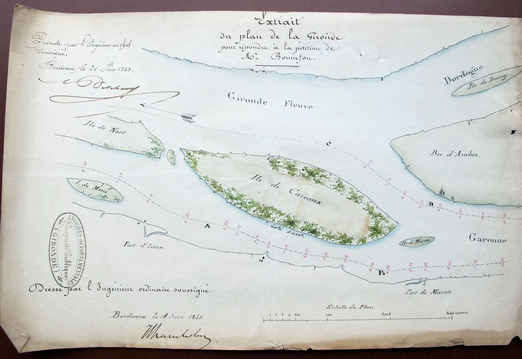 Extrait du plan de la Gironde pour répondre à la pétition de M. Bonnefon : plan de l'île Cazeau et du Bec d'Ambès, 18 juin 1843.
