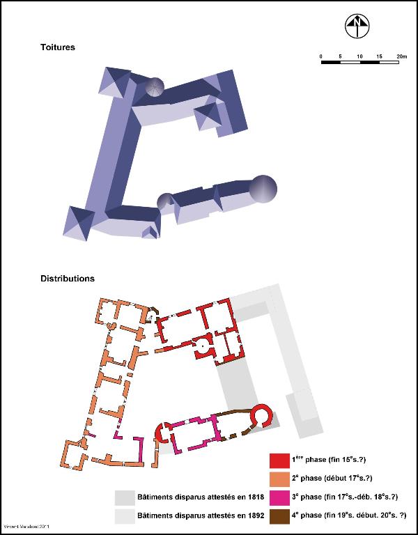Plan schématique des toitures et des phases de construction du château de la Filolie.