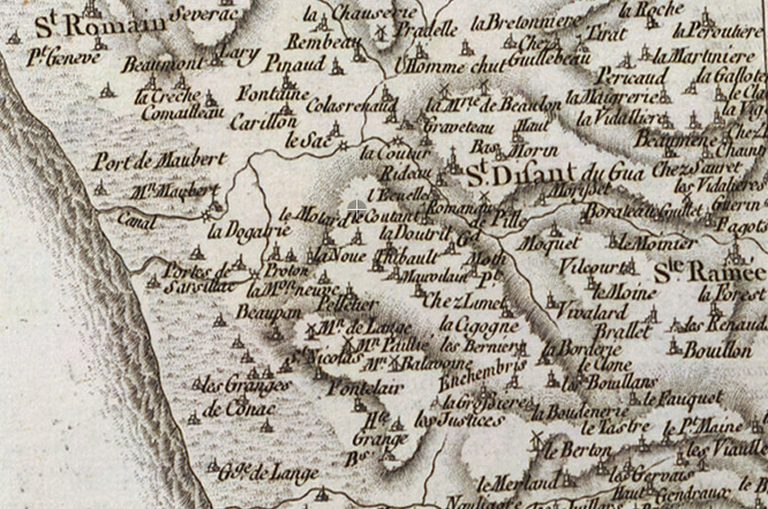 Saint-Dizant-du-Gua sur la carte de Cassini, milieu du 18e siècle.