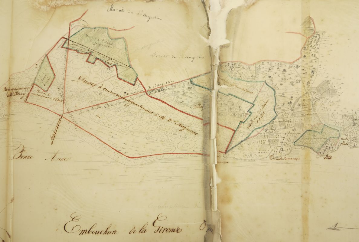 Plan général des dunes du littoral de la Gironde ensemencées et à ensemencer entre la limite de la forêt d'Arvert et la pointe de Suzac, par l'ingénieur Lessore, 10 juillet 1843 : détail, les dunes de Saint-Palais.