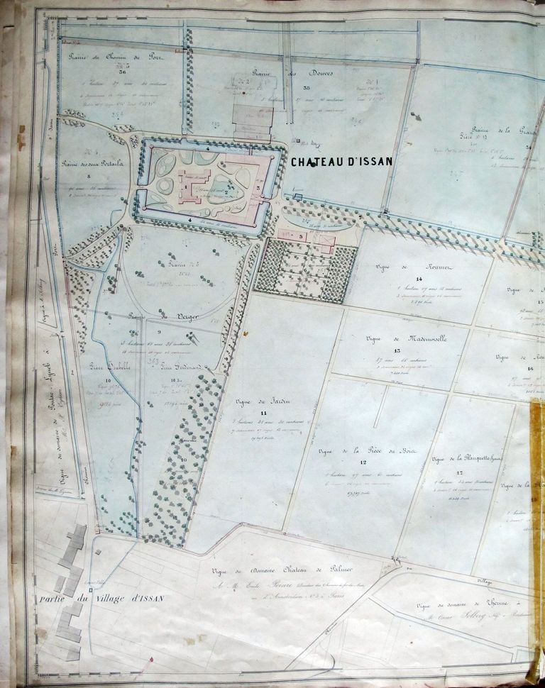 Extrait de l'Atlas du domaine d'Issan en 1856, avec l'emplacement des nouveaux bâtiments de vinification (ajout).