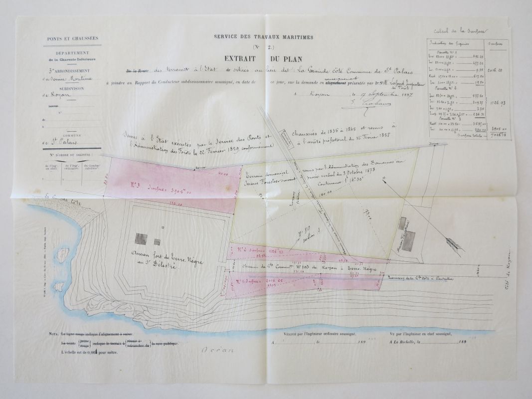Plan des abords de l'ancien fort de Terre-nègre en 1896, avec les nouvelles lignes de tramway et les dunes ensemencées.