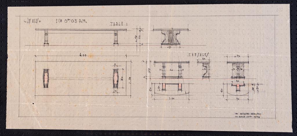 Plan, élévations et coupes de la table 1, P. H. Datessen, La Baule, juin 1936.