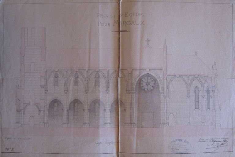 Projet d'église à Margaux, A. Labbé, 1867 : coupe longitudinale.