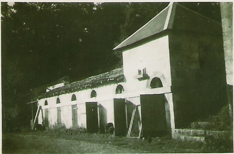 Le pigeonnier et les toits à porcs vus depuis le nord-est vers 1940.