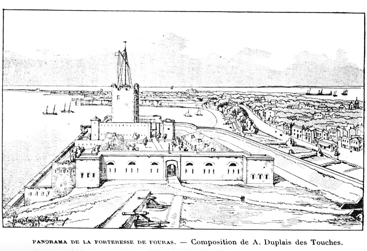 Restitution du fort avec ses casernes situées dans l'avant-cour ; dessin perspective par Duplais des Touches. 