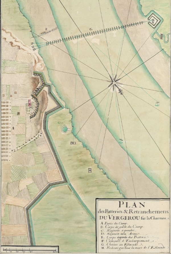 Plan des batteries et retranchements de Vergerou, dans le Mémoire sur la Généralité de La Rochelle de Michel Bégon en 1698.