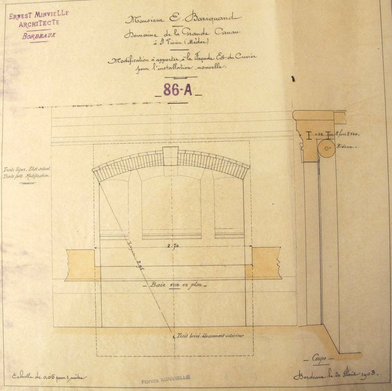 Domaine de la Grande Canau : modification à apporter à la façade est du cuvier pour l'installation nouvelle, 24 août 1903.