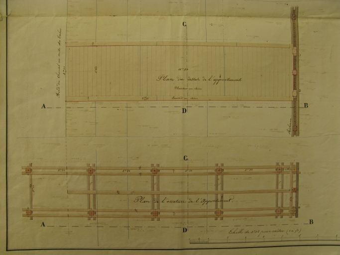 Dessin détaillé de l'un des appontements à construire sur la rive droite du chenal, par l'ingénieur Lessore, en 1841.