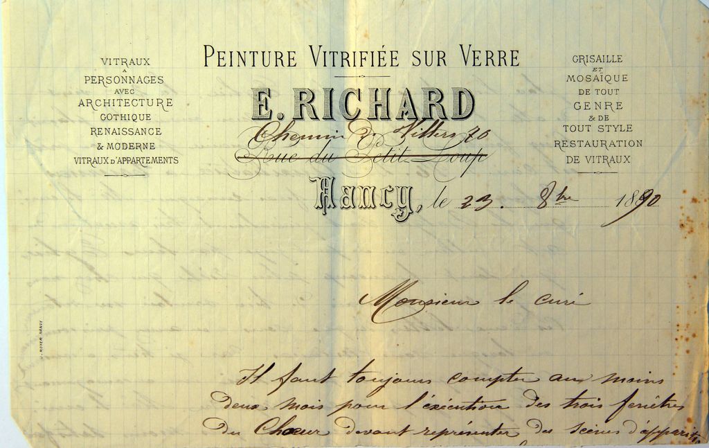 Lettre du verrier nancéien Émile Richard au curé Éloi Foy, communiquant les délais d'exécution de ses verrières, 23 octobre 1890, début (AP Coudures).