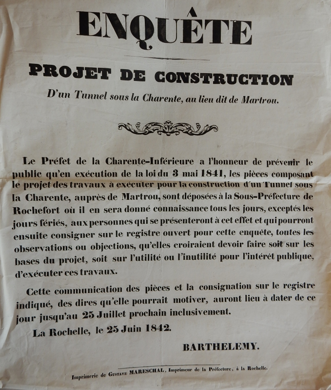 Affiche de l'enquête préalable à la construction d'un tunnel au Martrou, en 1842. 