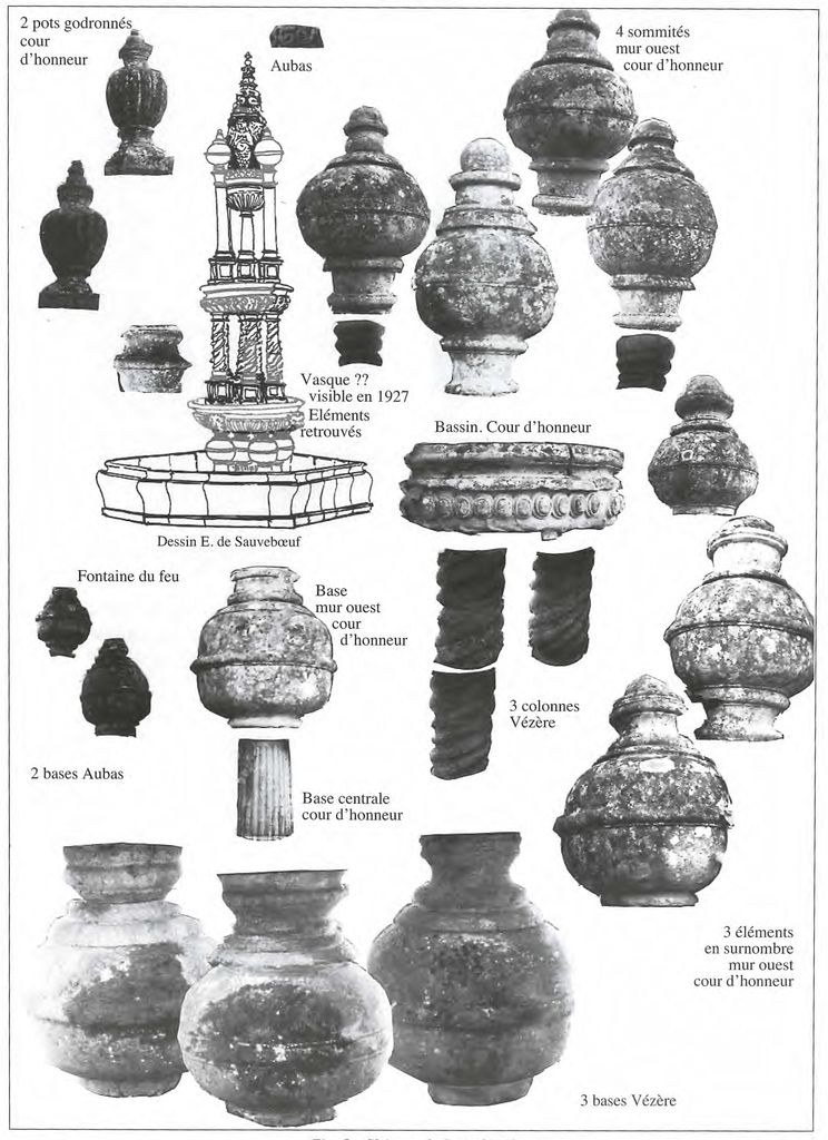 Photomontage des fragments retrouvés des fontaines du château par J.E. de Ferrières de Sauveboeuf (2012).