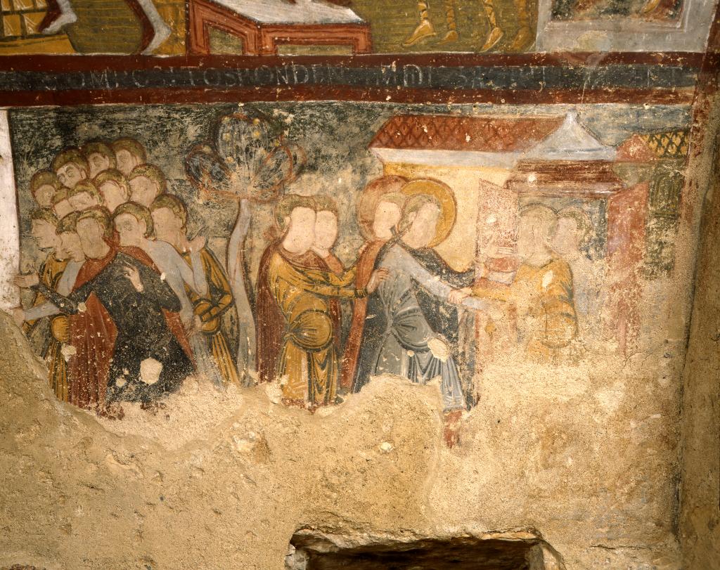 Crypte, registre inférieur nord, cinquième scène : Gelasius fait reconduire Savin et Cyprien en prison.