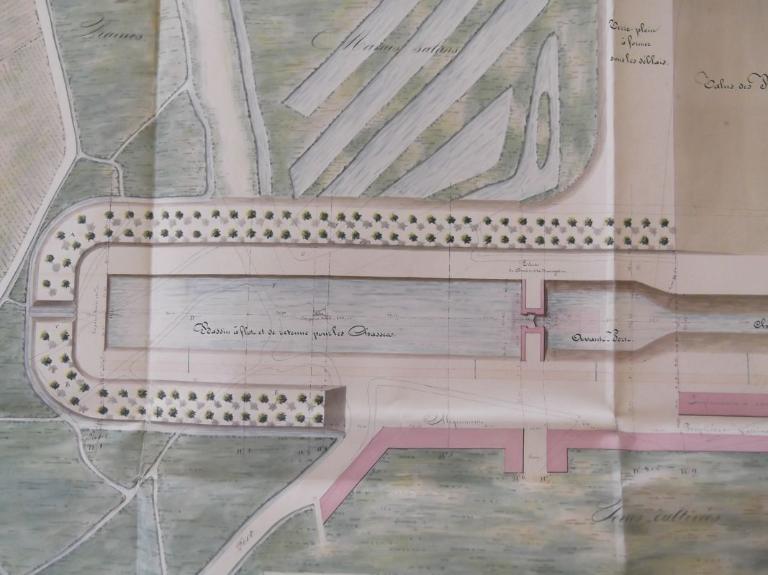 Projet d'aménagement du port en 1847 par l'ingénieur Potel : détail, bassin de retenue et écluse de chasse.